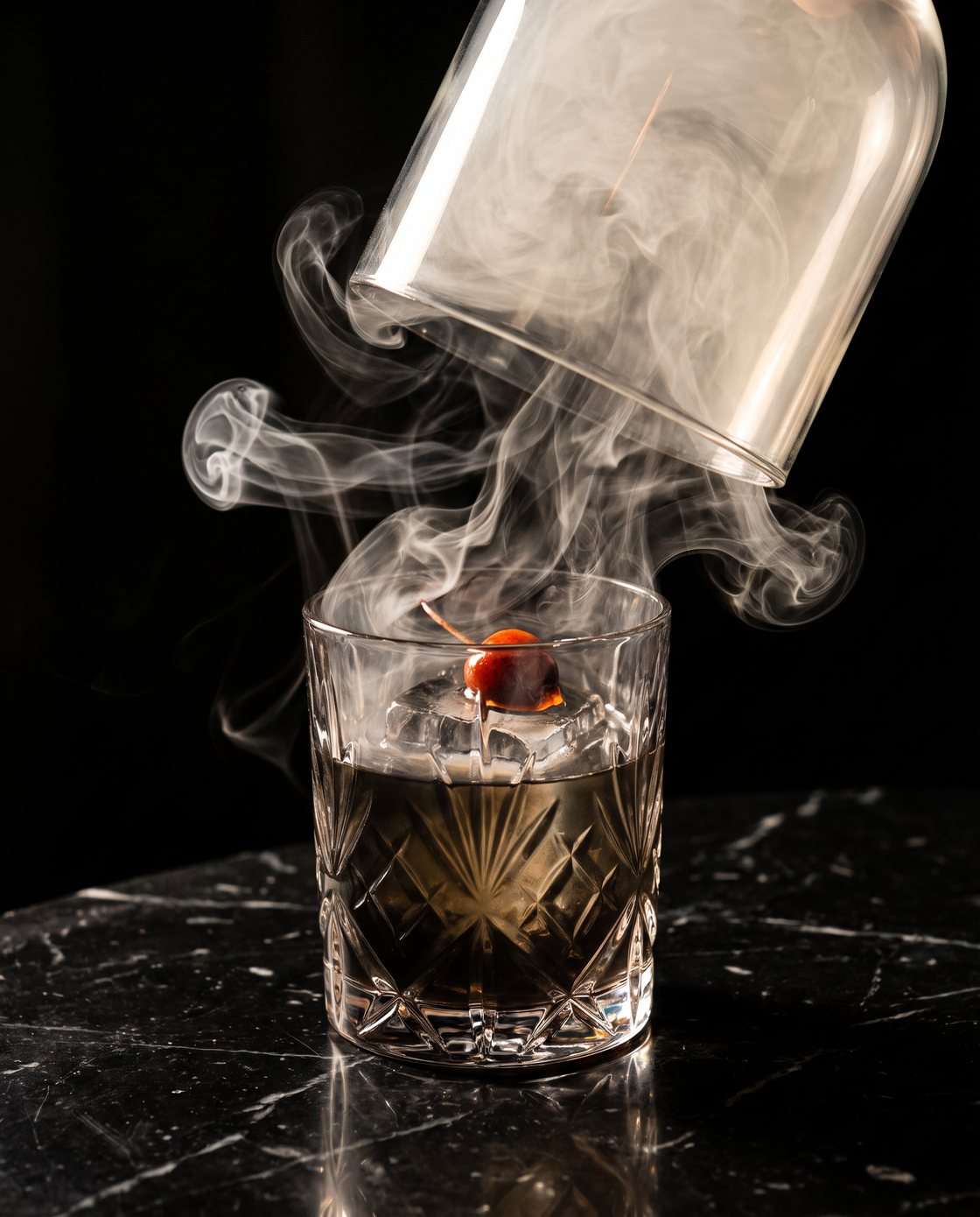 Smoky mezcal cocktail with a glass cloche lifting and smoke pouring out