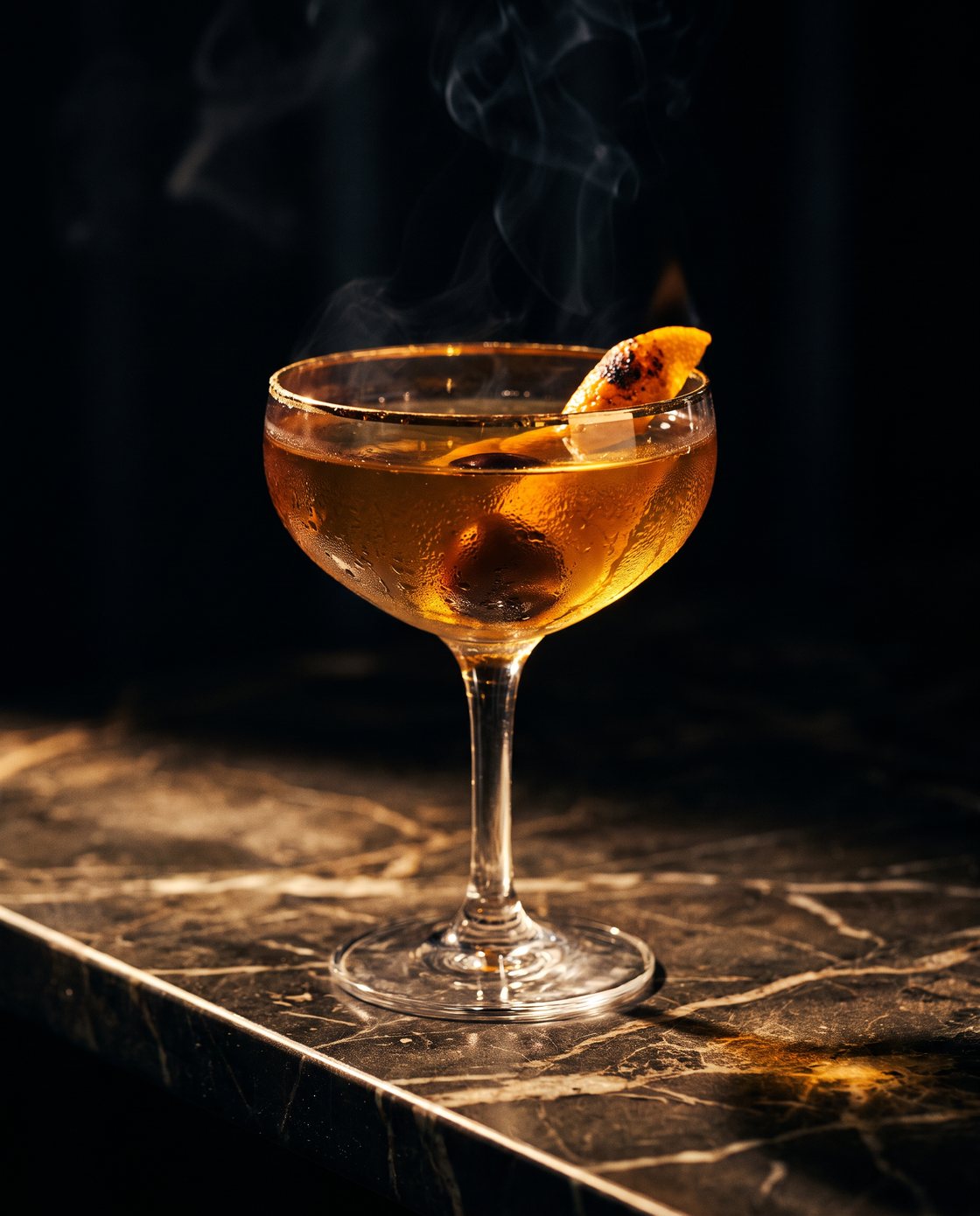 Amber coupe cocktail with a flamed orange twist and rising smoke