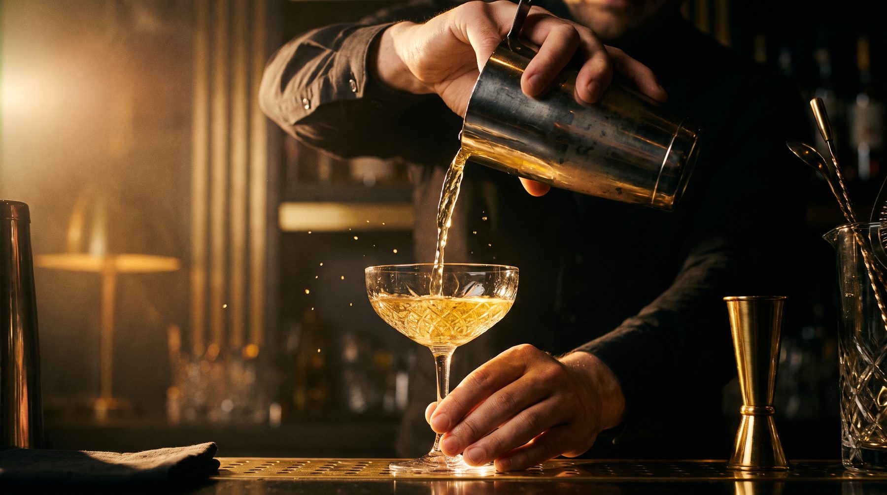 A bartender pouring a golden cocktail from a shaker into a coupe